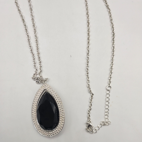 Silver Tone Faux Black Onyx Faceted Teardrop Stone Necklace Long 40” - Picture 2 of 5